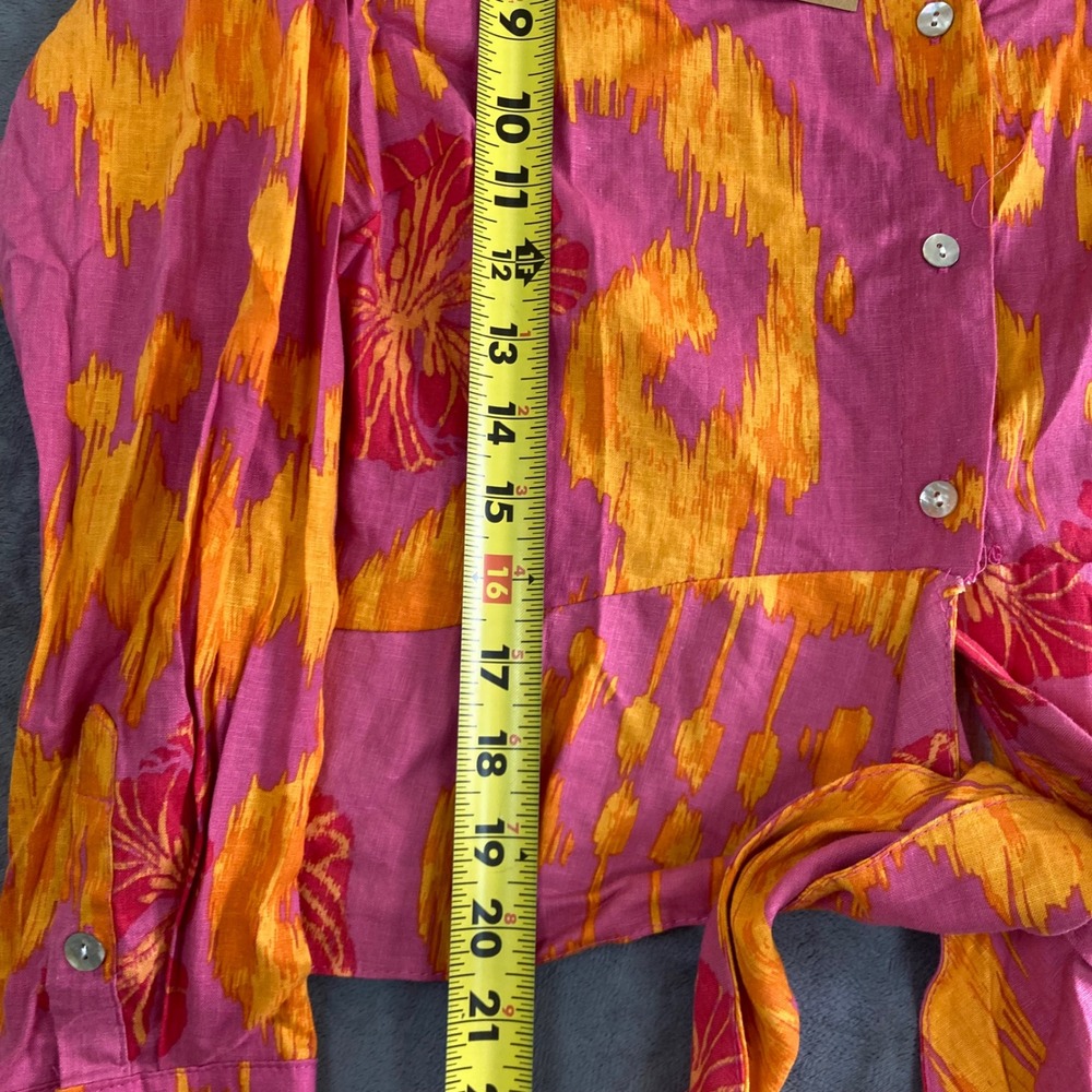 Christian Siriano New York Pink Orange Ikat Floral Linen Blend Tie Front Top L - Picture 5 of 7